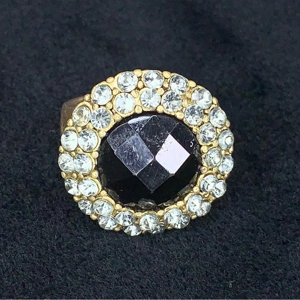 Vintage Cocktail Ring Black Silver Rhinestone Accents Adjustable Fit Goth Glam